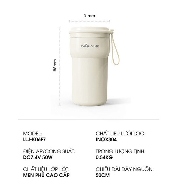 Máy Xay Sinh Tố 10 Lưỡi Tích Điện BEAR BL-5H06G(LLJ-K06F7), 0.3L, 50W, Xay Trái Cây, Đá Viên Nhỏ, BH 18 tháng