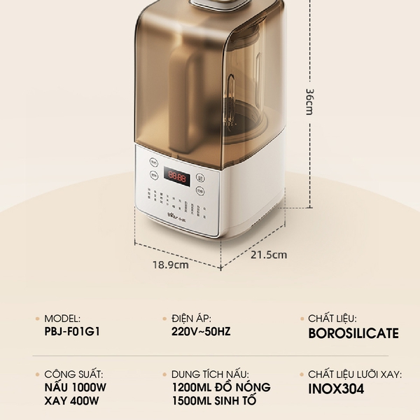 Máy xay sữa hạt 1.5L Bear HB-5H01K52(PBJ-F01G1), 1000W, 10 chế độ xay sinh tố, nấu cháo,BH 18 tháng