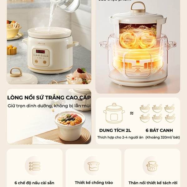 Nồi Nấu Chậm Dung Tích 2L Bear SC-4H20Q (DDG-E20M1), Đa Năng Hầm Ninh, Chưng Yến, Kho, Có Giữ Ấm, BH 18 Tháng