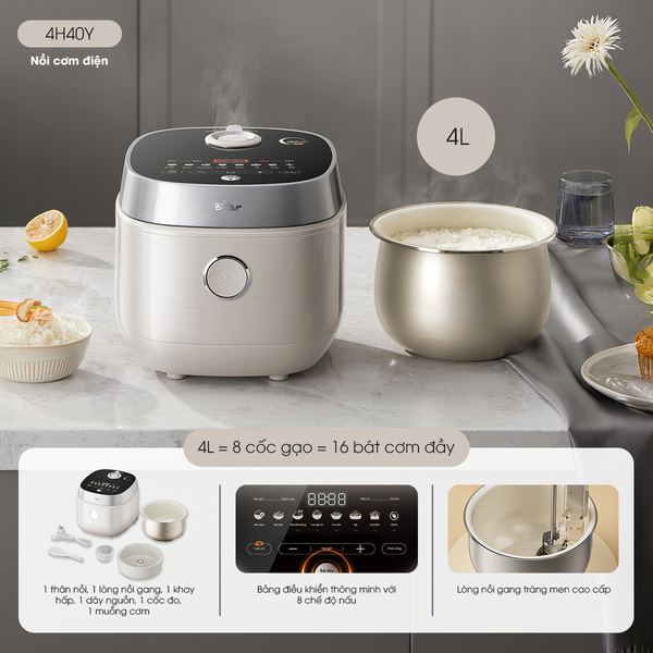 Nồi cơm điện 4L đa năng Bear RC-4H40Y, Công suất 800W, Nấu cơm,Cháo,Canh cho 2-4 người,BH 18 Tháng