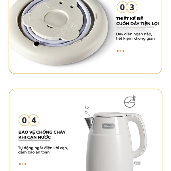 Ấm siêu tốc 1.5L Bear EKT-H156EH (ZDH-Q15U8), 1500W, Đun Nước Nhanh, Lõi Inox304, Tự Ngắt, Bảo Hành 18 Tháng