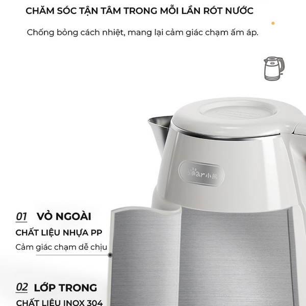 Ấm siêu tốc 1.5L Bear EKT-H156EH (ZDH-Q15U8), 1500W, Đun Nước Nhanh, Lõi Inox304, Tự Ngắt, Bảo Hành 18 Tháng