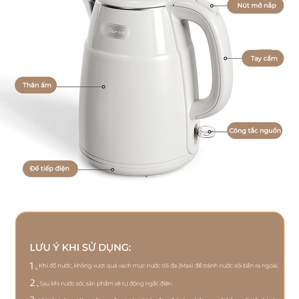Ấm siêu tốc 1.5L Bear EKT-H156EH (ZDH-Q15U8), 1500W, Đun Nước Nhanh, Lõi Inox304, Tự Ngắt, Bảo Hành 18 Tháng