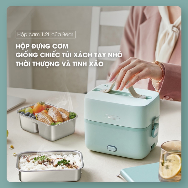 Hộp cơm điện cầm tay Bear RSB-H126PT (DFH-B12E1), 270W, hâm/nấu văn phòng, khay inox304, BH 18 tháng
