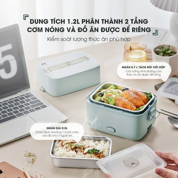 Hộp cơm điện cầm tay Bear RSB-H126PT (DFH-B12E1), 270W, hâm/nấu văn phòng, khay inox304, BH 18 tháng