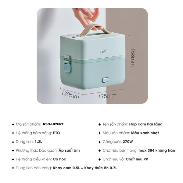 Hộp cơm điện cầm tay Bear RSB-H126PT (DFH-B12E1), 270W, hâm/nấu văn phòng, khay inox304, BH 18 tháng