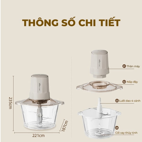 Máy Xay Thịt, Cá, Thực Phẩm, Tỏi Ớt Đa Năng 1.8L Bear FCH-H036CF- Công Suất 300W- Bảo Hành 18 tháng