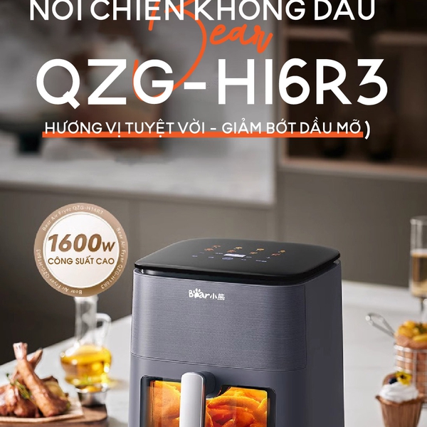 Nồi Chiên Không Dầu 6L Bear AF-4H16K, Công suất 1600W, Menu Cảm Ứng, Rã Đông, BH 18 Tháng