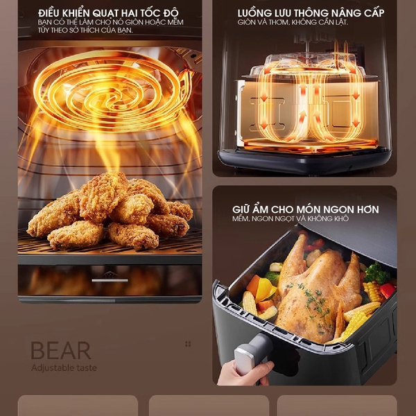 Nồi Chiên Không Dầu 6L Bear AF-4H16K, Công suất 1600W, Menu Cảm Ứng, Rã Đông, BH 18 Tháng