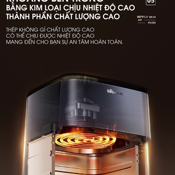 Nồi Chiên Không Dầu 6L Bear AF-4H16K, Công suất 1600W, Menu Cảm Ứng, Rã Đông, BH 18 Tháng