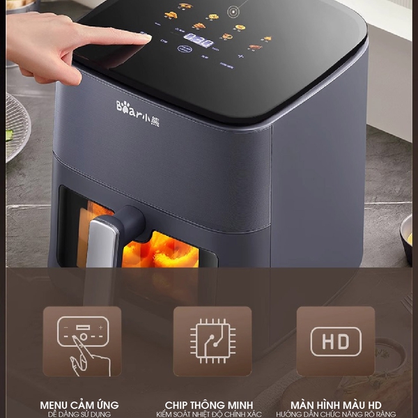 Nồi Chiên Không Dầu 6L Bear AF-4H16K, Công suất 1600W, Menu Cảm Ứng, Rã Đông, BH 18 Tháng
