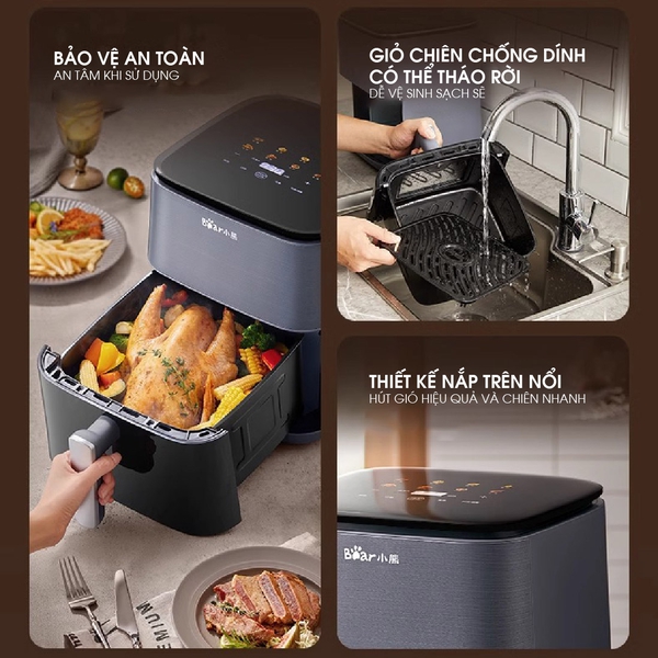Nồi Chiên Không Dầu 6L Bear AF-4H16K, Công suất 1600W, Menu Cảm Ứng, Rã Đông, BH 18 Tháng