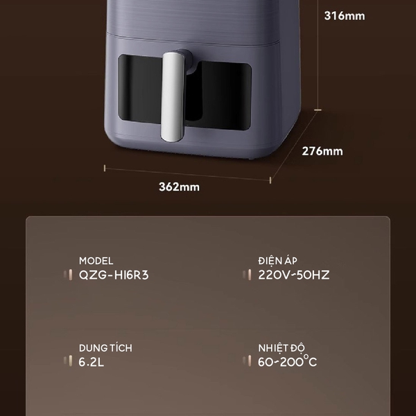 Nồi Chiên Không Dầu 6L Bear AF-4H16K, Công suất 1600W, Menu Cảm Ứng, Rã Đông, BH 18 Tháng