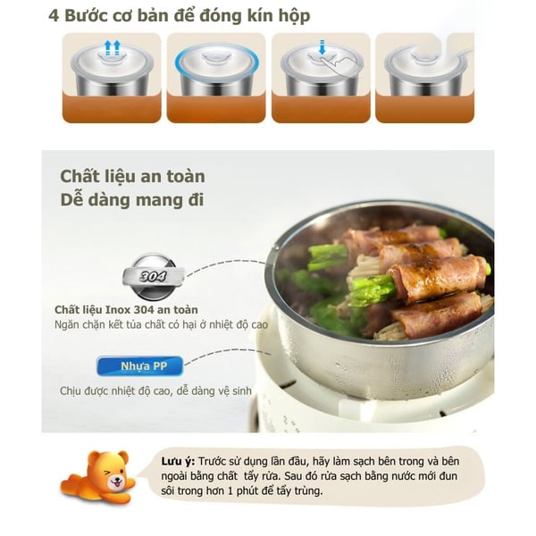 Hộp Đựng Cơm Văn Phòng 2L BEAR RSB-H206AD, Cắm Điện Nấu/Hấp/Hâm Nóng Thức Ăn, Bảo Hành 18 tháng