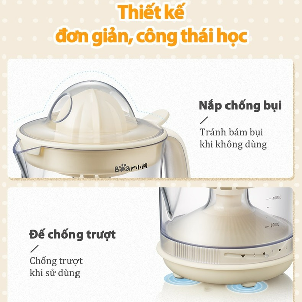 Máy Vắt Cam Tự Động Bear 5 Mức Độ Ép Xoay 2 Chiều JU-4H04X (CZJ-A04B1), 0.4L, 30W, Bảo Hành 18 Tháng