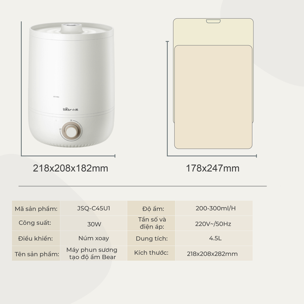 Máy phun sương tạo ẩm không khí Bear HUF-H456TX (JSQ-C45U1), dung tích 4.5L, công suất lớn,  không ồn, bảo hành 18 tháng