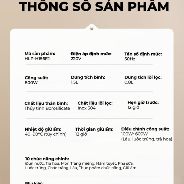 Ấm đun pha trà 1.5L siêu tốc Bear HLP-H156FJ (YSH-E15X1), Công suất 800W, Giữ nhiệt, Kèm Lõi Lọc, Bảo Hành 18 Tháng