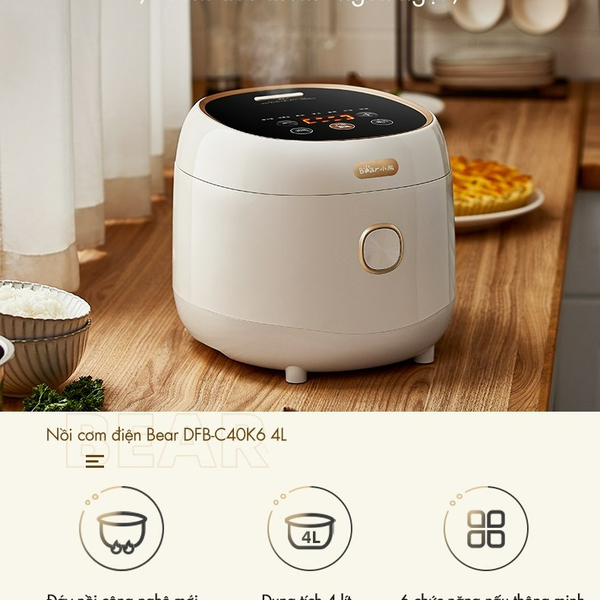 Nồi cơm điện Bear 4L RC-4H40E, 800W, 6 chế độ nấu lõi nồi 5 lớp chống dính giữ nhiệt