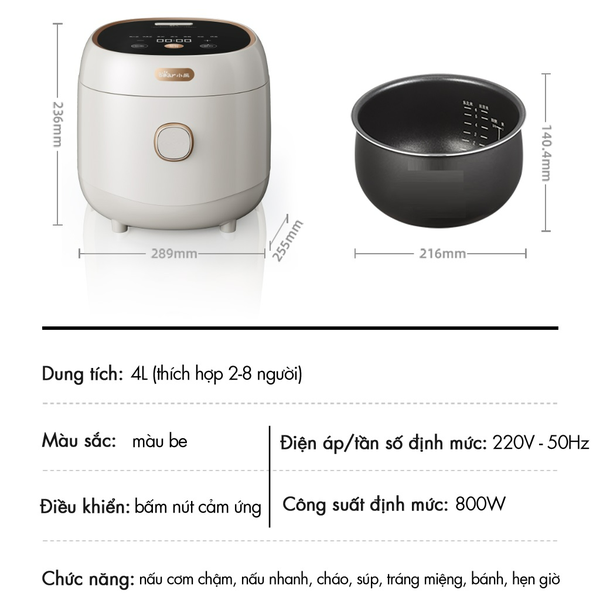 Nồi cơm điện Bear 4L RC-4H40E, 800W, 6 chế độ nấu lõi nồi 5 lớp chống dính giữ nhiệt