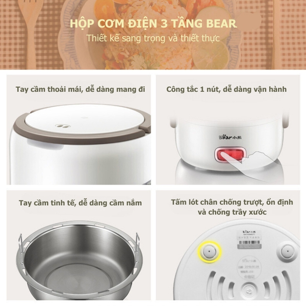 Hộp Đựng Cơm Văn Phòng 2L BEAR RSB-H206AD, Cắm Điện Nấu/Hấp/Hâm Nóng Thức Ăn, Bảo Hành 18 tháng