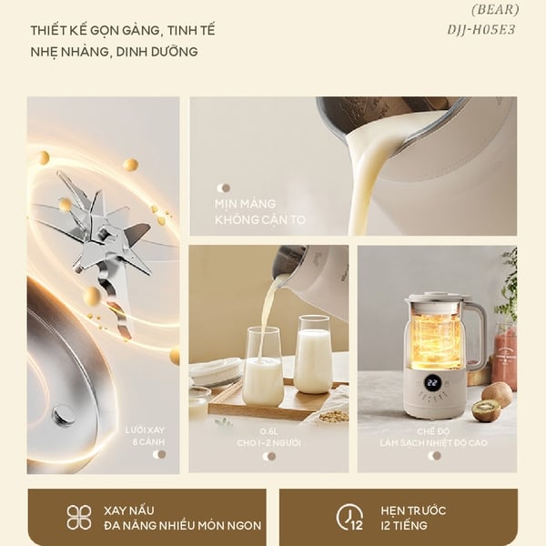 Máy làm sữa hạt 0.6L Bear SMM-055SV (DJJ-H05C1), 500W, 8 Lưỡi, Xay sinh tố, Sữa đậu nành, Hẹn Giờ, BH 18 Tháng