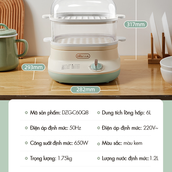 Nồi Hấp Điện 2 Tầng Đa Năng Bear 6L EFS-4H60V, 650W, 6 Chế Độ Không Gây Mùi, BH 18 Tháng