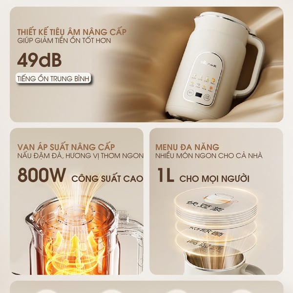 Máy làm sữa hạt 1L đa năng Bear SMM-HO86VZ, 800W, 12 Lưỡi dao, 8 Chế Độ Nấu, Hẹn giờ, BH 18 Tháng