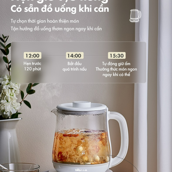 Máy Pha Trà Mini Bear HK-5H15N21, 800W, Đun Nước_Giữ Ấm Thông minh,Dung Tích 1.5L- Bảo Hành 18 Tháng
