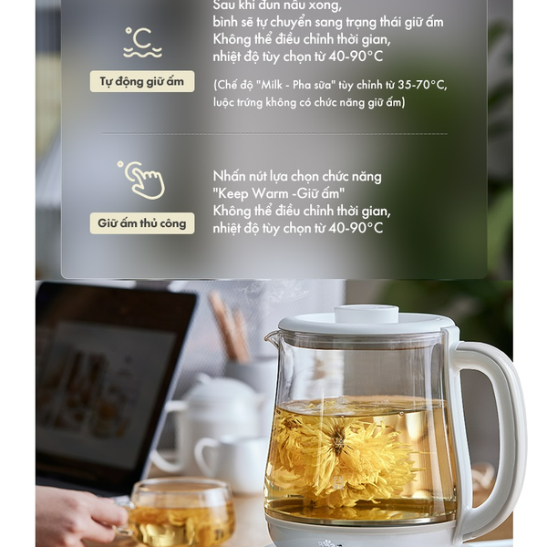 Máy Pha Trà Mini Bear HK-5H15N21, 800W, Đun Nước_Giữ Ấm Thông minh,Dung Tích 1.5L- Bảo Hành 18 Tháng