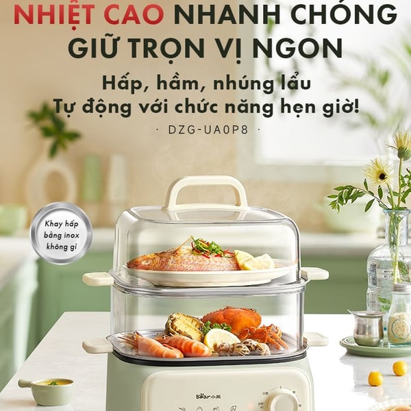Nồi hấp 2 tầng điện 10.3L Bear ESM-H106HM, Công Suất 1300W, Nấu Lẩu, Khay Inox An toàn, BH 18 Tháng