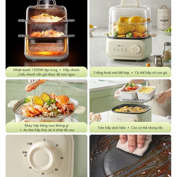 Nồi hấp 2 tầng điện 10.3L Bear ESM-H106HM, Công Suất 1300W, Nấu Lẩu, Khay Inox An toàn, BH 18 Tháng