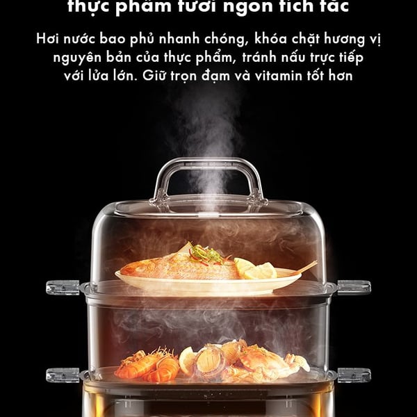 Nồi hấp 2 tầng điện 10.3L Bear ESM-H106HM, Công Suất 1300W, Nấu Lẩu, Khay Inox An toàn, BH 18 Tháng