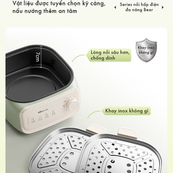 Nồi hấp 2 tầng điện 10.3L Bear ESM-H106HM, Công Suất 1300W, Nấu Lẩu, Khay Inox An toàn, BH 18 Tháng