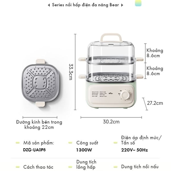 Nồi hấp 2 tầng điện 10.3L Bear ESM-H106HM, Công Suất 1300W, Nấu Lẩu, Khay Inox An toàn, BH 18 Tháng