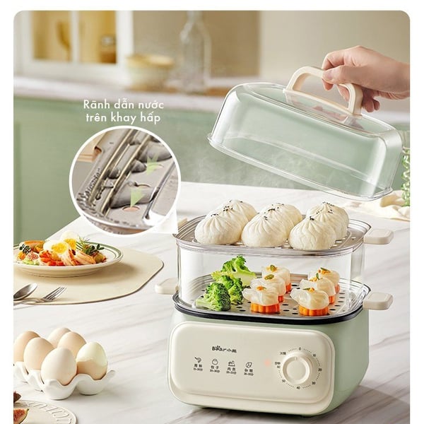 Nồi hấp 2 tầng điện 10.3L Bear ESM-H106HM, Công Suất 1300W, Nấu Lẩu, Khay Inox An toàn, BH 18 Tháng