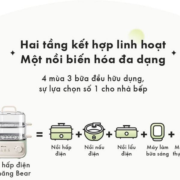 Nồi hấp 2 tầng điện 10.3L Bear ESM-H106HM, Công Suất 1300W, Nấu Lẩu, Khay Inox An toàn, BH 18 Tháng