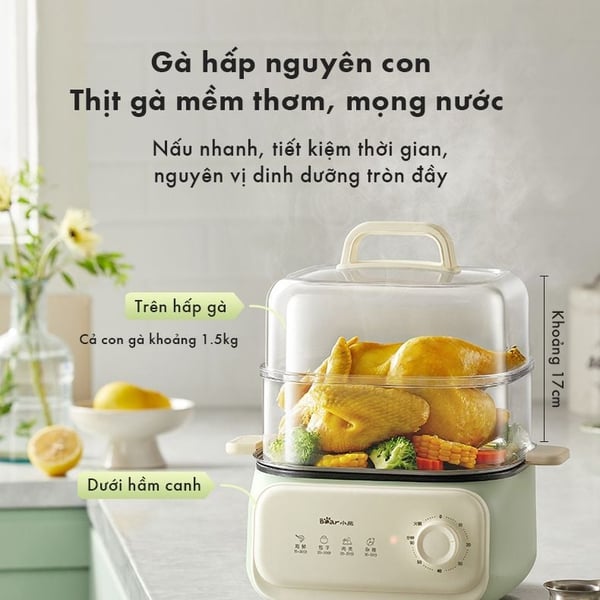 Nồi hấp 2 tầng điện 10.3L Bear ESM-H106HM, Công Suất 1300W, Nấu Lẩu, Khay Inox An toàn, BH 18 Tháng