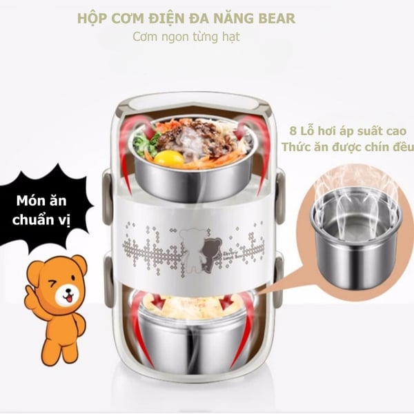 Hộp Đựng Cơm Văn Phòng 2L BEAR RSB-H206AD, Cắm Điện Nấu/Hấp/Hâm Nóng Thức Ăn, Bảo Hành 18 tháng