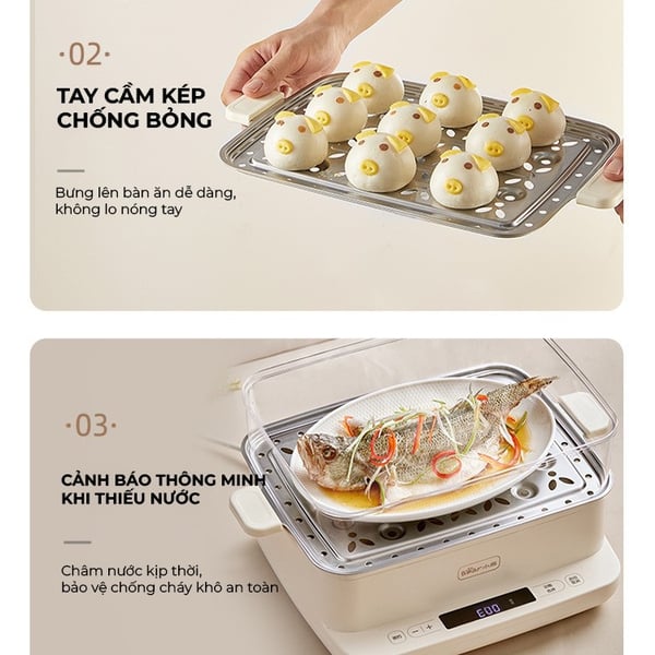Nồi hấp điện 3 tầng 12L mini Bear EFS-4H27E, Công suất 800W, Xửng hấp Inox-Có hẹn giờ, BH 18 Tháng