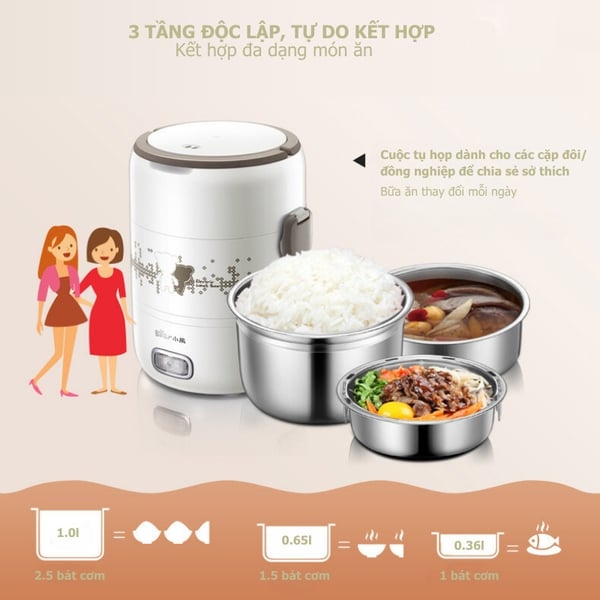 Hộp Đựng Cơm Văn Phòng 2L BEAR RSB-H206AD, Cắm Điện Nấu/Hấp/Hâm Nóng Thức Ăn, Bảo Hành 18 tháng