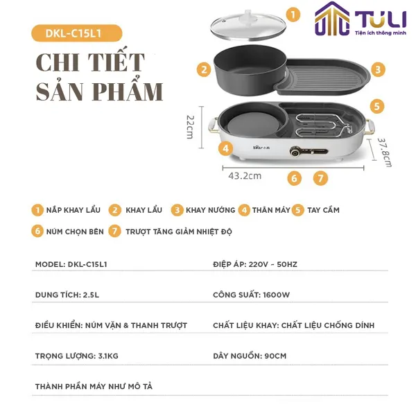 Nồi điện nấu lẩu và nướng 2 ngăn Bear DKL-C15L1