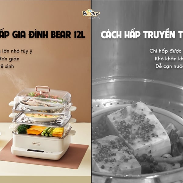 Nồi hấp điện 3 tầng 12L mini Bear EFS-4H27E, Công suất 800W, Xửng hấp Inox-Có hẹn giờ, BH 18 Tháng