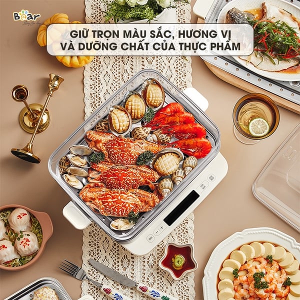 Nồi hấp điện 3 tầng 12L mini Bear EFS-4H27E, Công suất 800W, Xửng hấp Inox-Có hẹn giờ, BH 18 Tháng