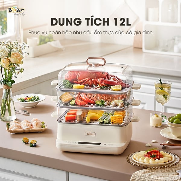Nồi hấp điện 3 tầng 12L mini Bear EFS-4H27E, Công suất 800W, Xửng hấp Inox-Có hẹn giờ, BH 18 Tháng