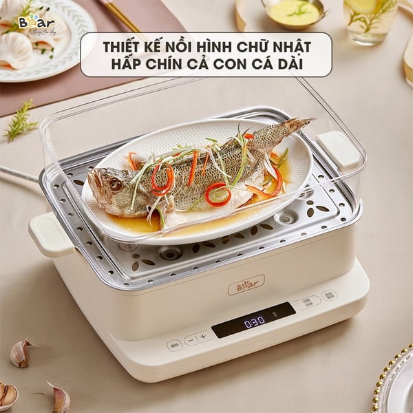 Nồi hấp điện 3 tầng 12L mini Bear EFS-4H27E, Công suất 800W, Xửng hấp Inox-Có hẹn giờ, BH 18 Tháng