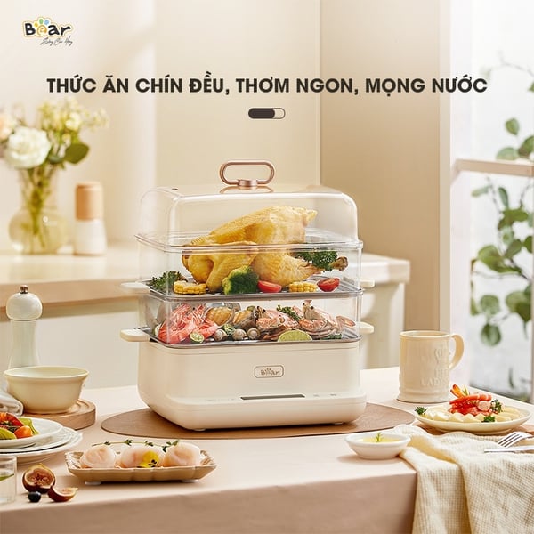 Nồi hấp điện 3 tầng 12L mini Bear EFS-4H27E, Công suất 800W, Xửng hấp Inox-Có hẹn giờ, BH 18 Tháng
