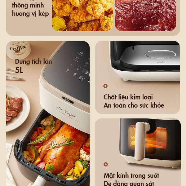 Nồi Chiên Không Dầu 5L Bear AF-4H15L(QZG-P15R8), Công Suất 1500W,Hẹn Giờ- Nhiệt Độ Nấu, BH 18 Tháng