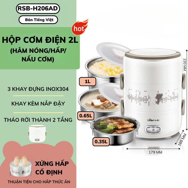 Hộp Đựng Cơm Văn Phòng 2L BEAR RSB-H206AD, Cắm Điện Nấu/Hấp/Hâm Nóng Thức Ăn, Bảo Hành 18 tháng