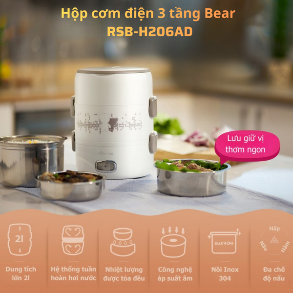 Hộp Đựng Cơm Văn Phòng 2L BEAR RSB-H206AD, Cắm Điện Nấu/Hấp/Hâm Nóng Thức Ăn, Bảo Hành 18 tháng