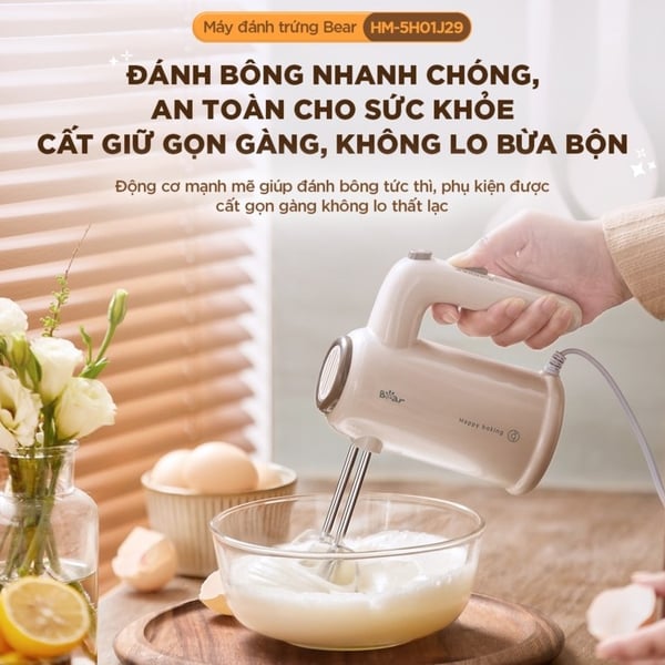 Máy đánh trứng cầm tay đa năng Bear HM-5H01J29, 125W, 5 tốc độ xoay, Chính Hãng, Bảo Hành 18 THÁNG